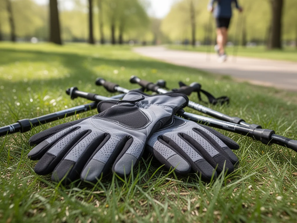 Rękawiczki do nordic walking leżące na trawie obok kijów, podkreślające chwyt i materiał w parkowym otoczeniu.