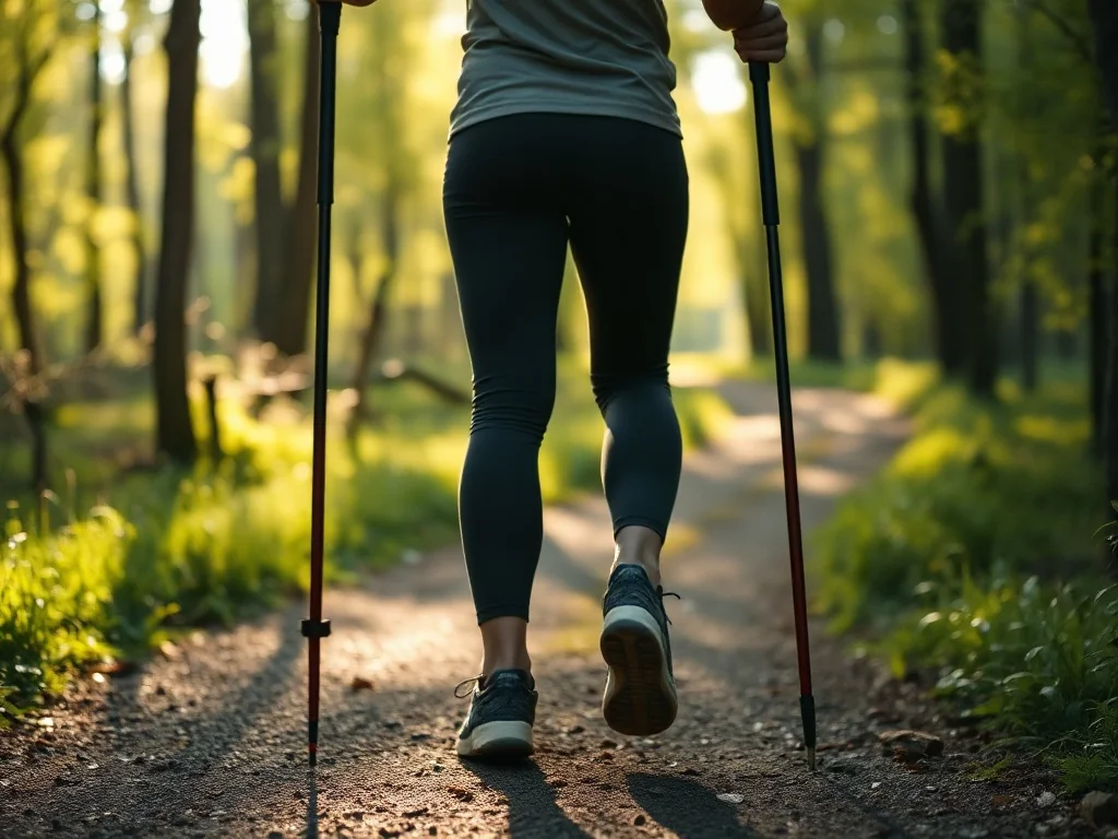 Osoba uprawiająca nordic walking na leśnej ścieżce o poranku, dynamiczny krok, wiosenno‑letnia, spokojna atmosfera.