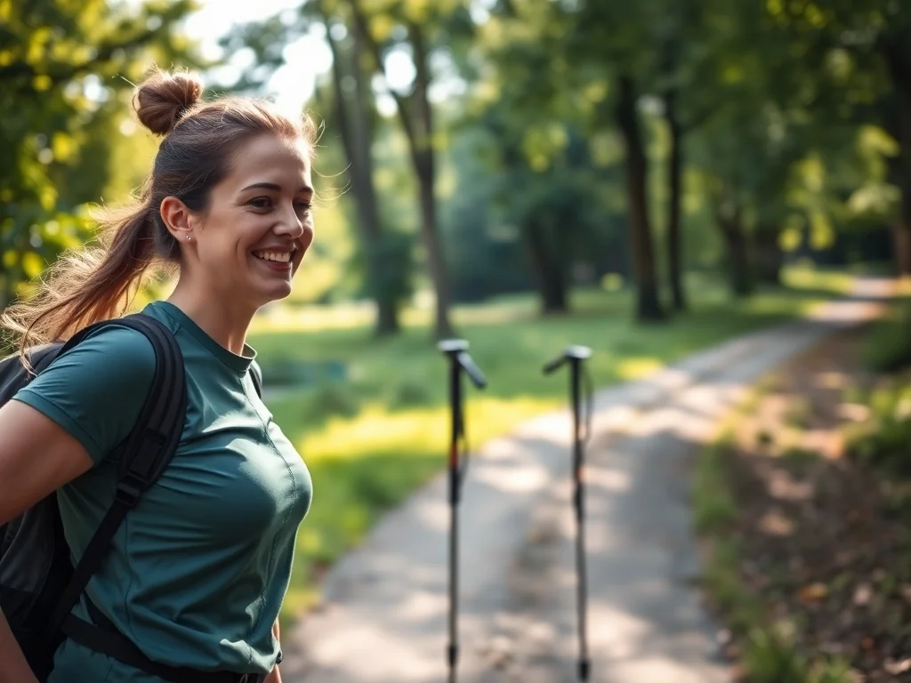Osoba w sportowym stroju idzie z kijami nordic walking leśną ścieżką, prezentując prawidłową technikę marszu.