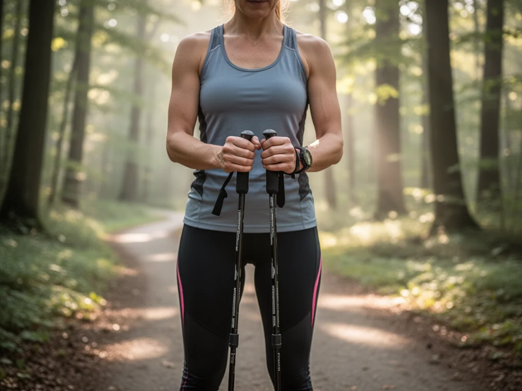 Osoba na leśnej ścieżce reguluje długość kijków nordic walking, pokazując prawidłowe dopasowanie do wzrostu.