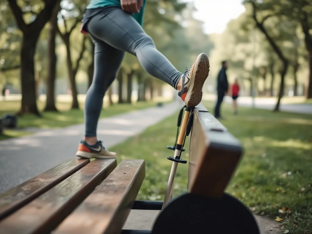 Osoba po marszu nordic walking rozciąga nogę na ławce w parku, odpoczywając na ścieżce wśród zieleni.