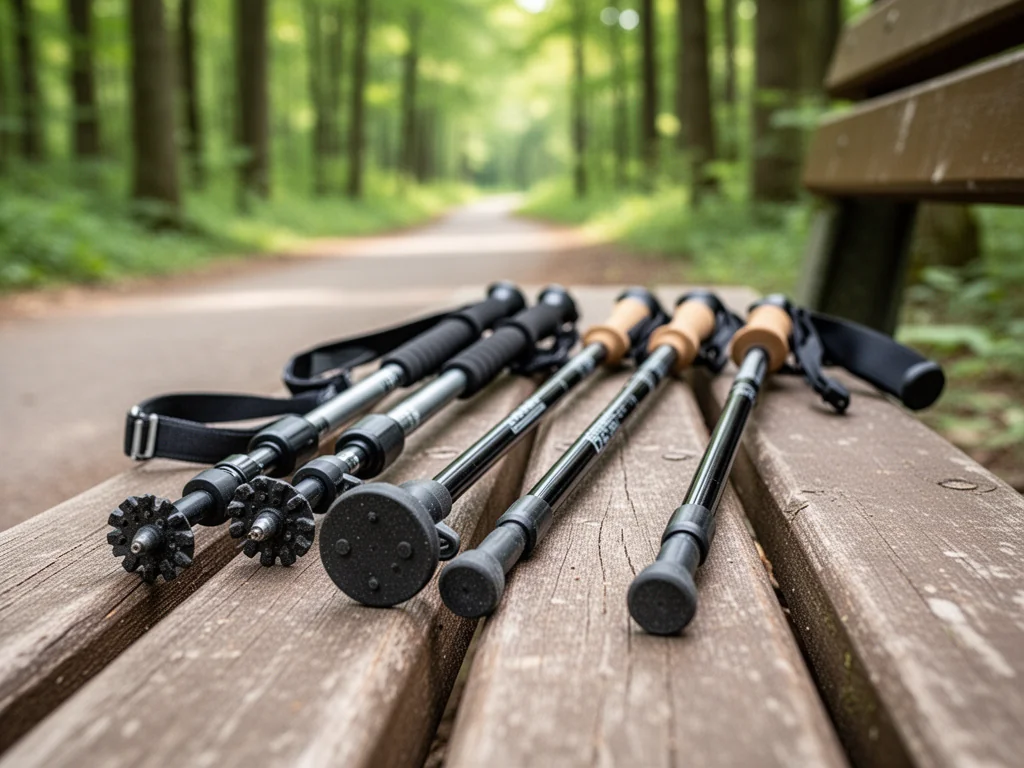 Dwa zestawy kijów na ławce: trekkingowe z szerszymi grotami i paskami oraz nordic walking z gumowymi końcówkami.