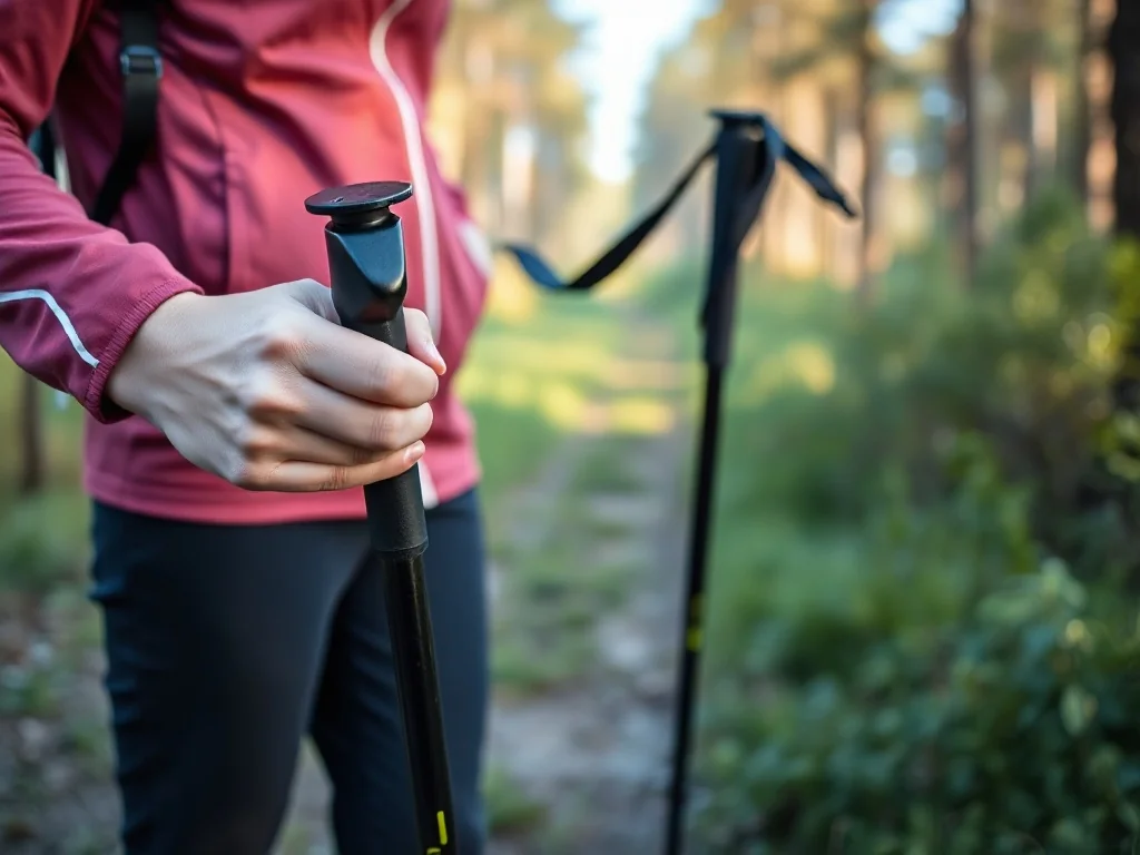 Osoba trzyma kijki nordic walking na leśnej ścieżce, gotowa do treningu instruktorskiego w spokojnym, porannym otoczeniu.