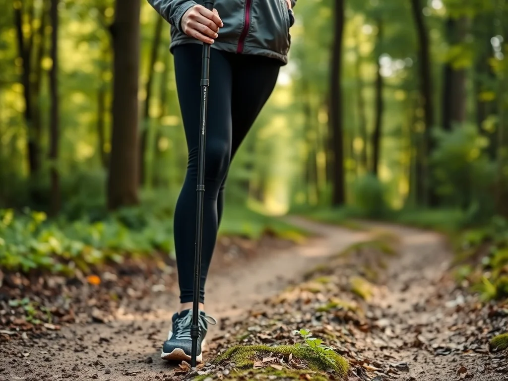 Osoba w sportowym stroju z kijkami nordic walking na leśnej ścieżce, przykład praktycznego ubioru na marsz z kijami.
