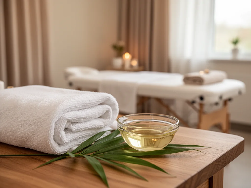 Przytulne, minimalistyczne wnętrze spa z ręcznikiem i olejkiem, podkreślające relaksującą atmosferę masażu klasycznego.