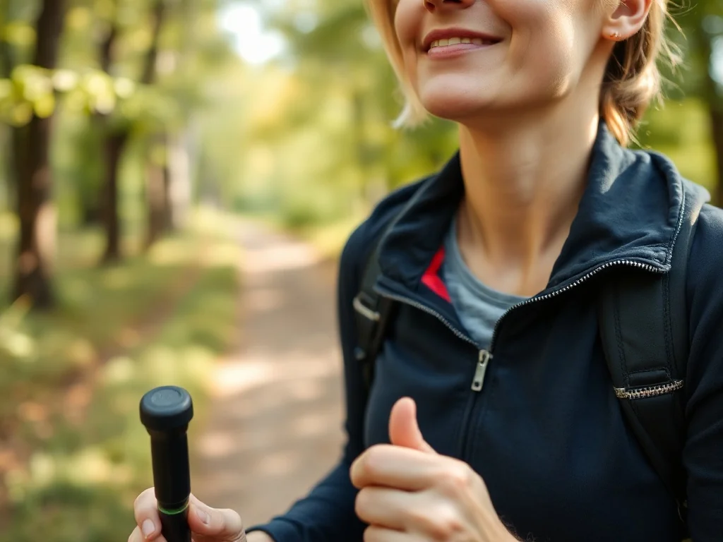 Osoba podczas nordic walking w lesie, spokojny oddech i swobodna praca rąk, podkreślona technika oddychania
