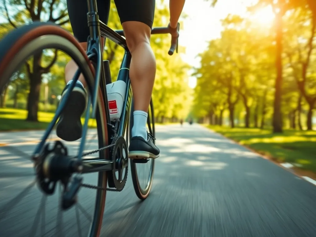 Rowerzysta w sportowym stroju energicznie pedałuje po słonecznej parkowej ścieżce, symbolizując spalanie kalorii i aktywność