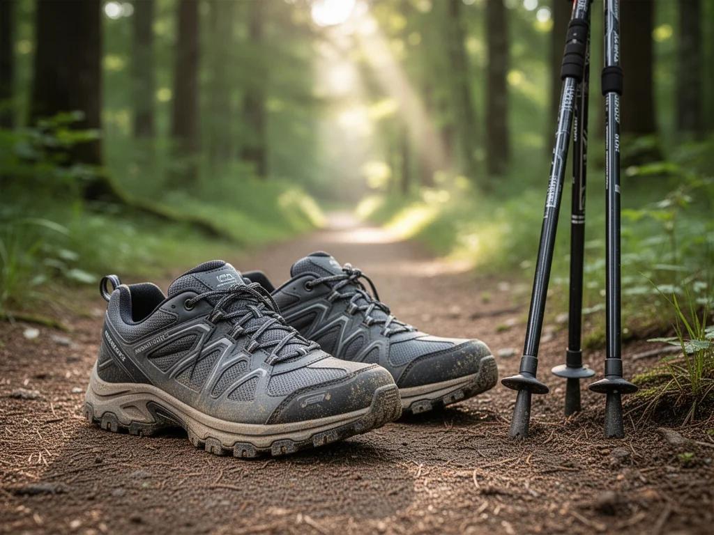 Buty do nordic walking na leśnej ścieżce obok kijów, podkreślające solidną podeszwę i wygodę marszu po naturalnym terenie