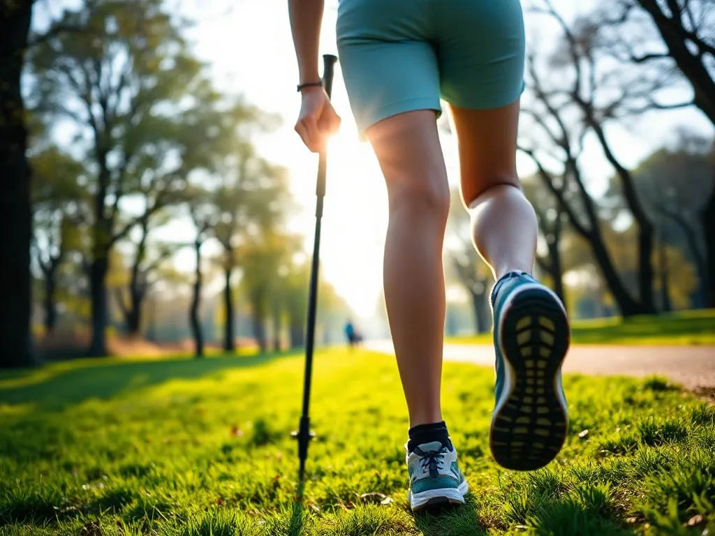 Osoba idąca z kijami nordic walking w parku, ujęcie nóg i rąk podkreślające pracę mięśni podczas marszu