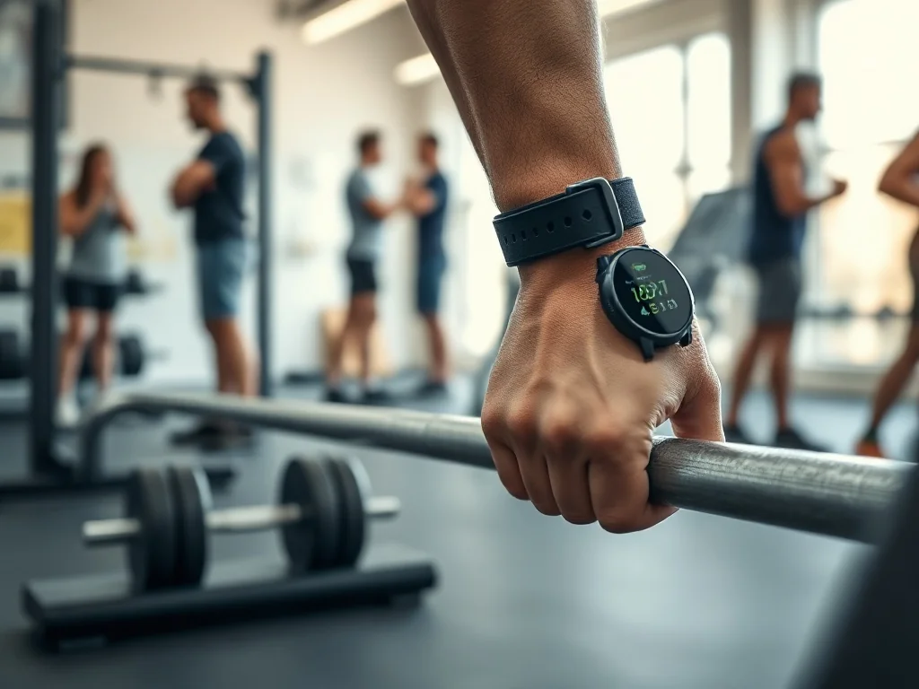 Dłonie chwytające sztangę na siłowni, smartwatch mierzy tętno podczas intensywnego treningu siłowego