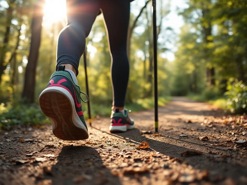 Osoba uprawiająca nordic walking na leśnej ścieżce, kolorowe buty i kije w ruchu, poranny trening na świeżym powietrzu.