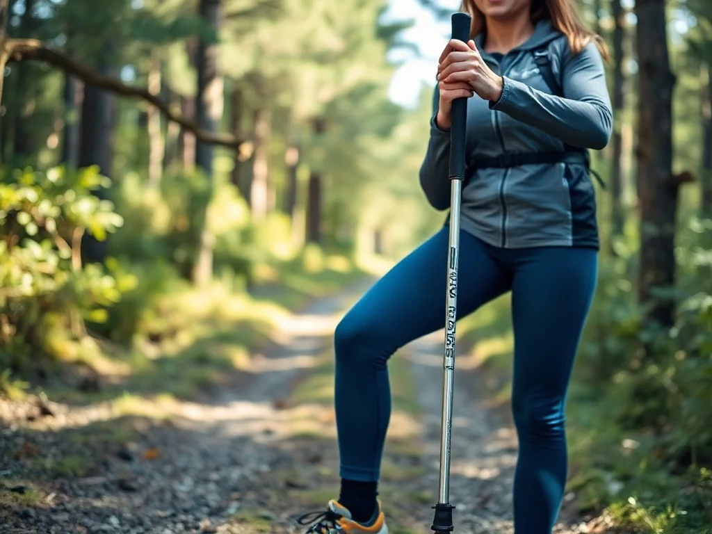 Osoba w sportowym stroju pokazuje prawidłową rozgrzewkę z kijami nordic walking na leśnej ścieżce.
