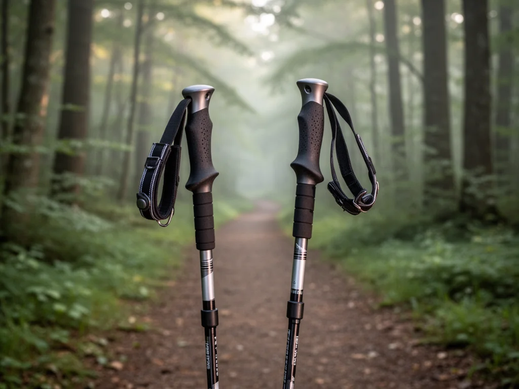 Nowoczesne kijki nordic walking wbite w leśną ścieżkę, prowadzącą w głąb zielonego lasu, zachęcające do spokojnego marszu.