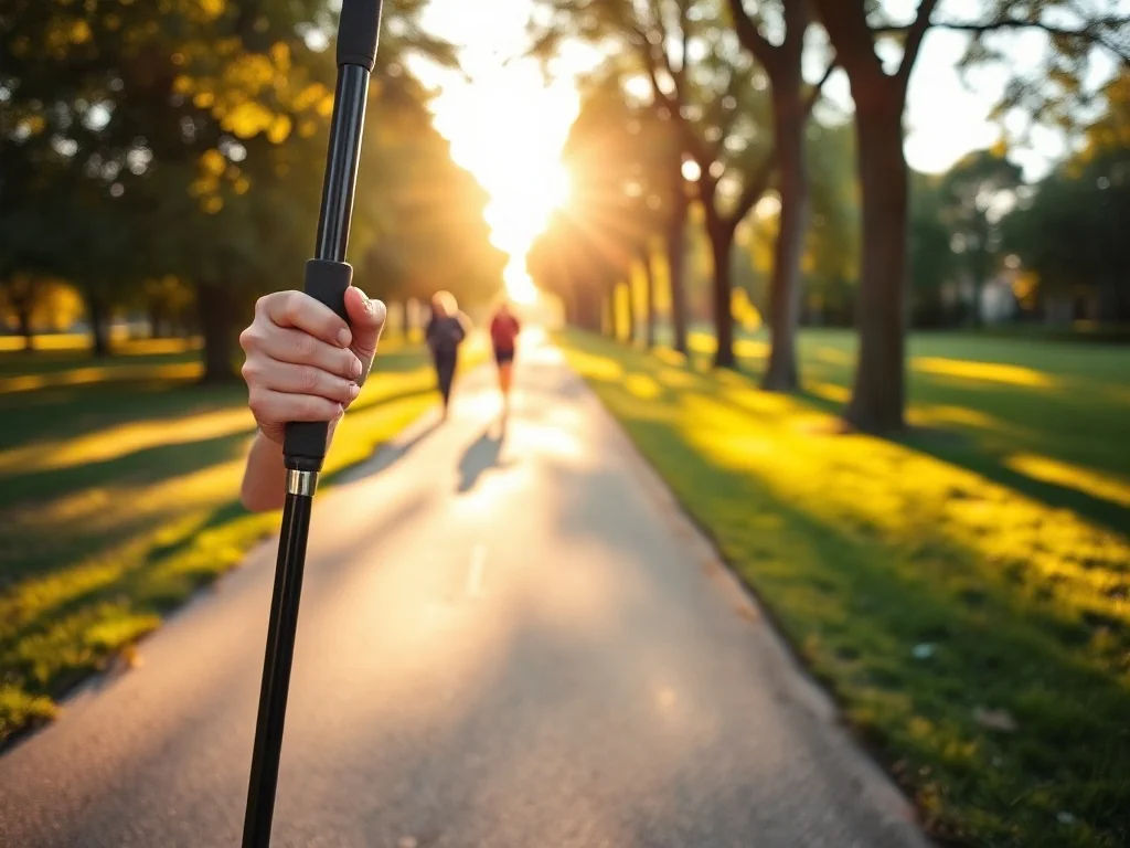 Osoba idąca z kijami nordic walking o świcie w parku, dynamiczny krok i spokojna, energetyczna atmosfera aktywności.