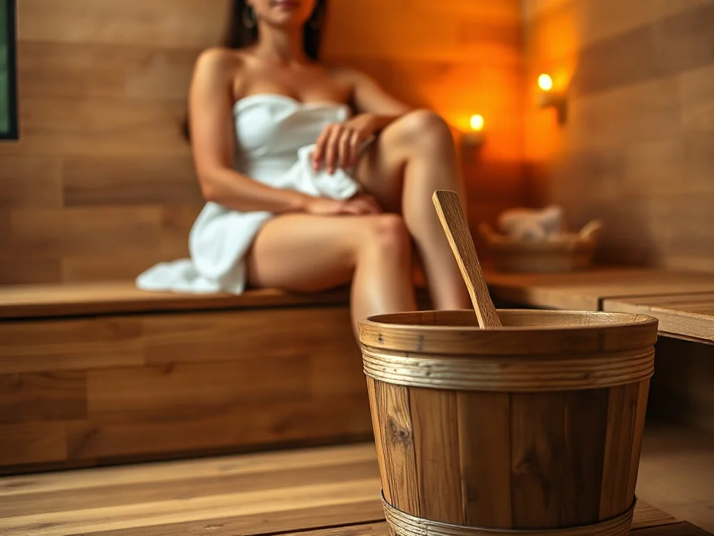Osoba relaksująca się w saunie na drewnianej ławie, delikatna para i ciepłe światło podkreślają atmosferę wellness.