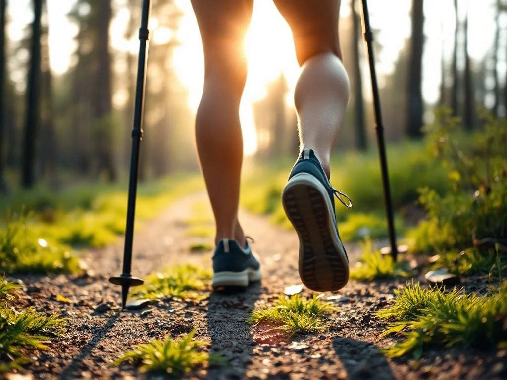 Szybki marsz nordic walking po leśnej ścieżce, dynamiczny krok, poranek i motywująca atmosfera treningu