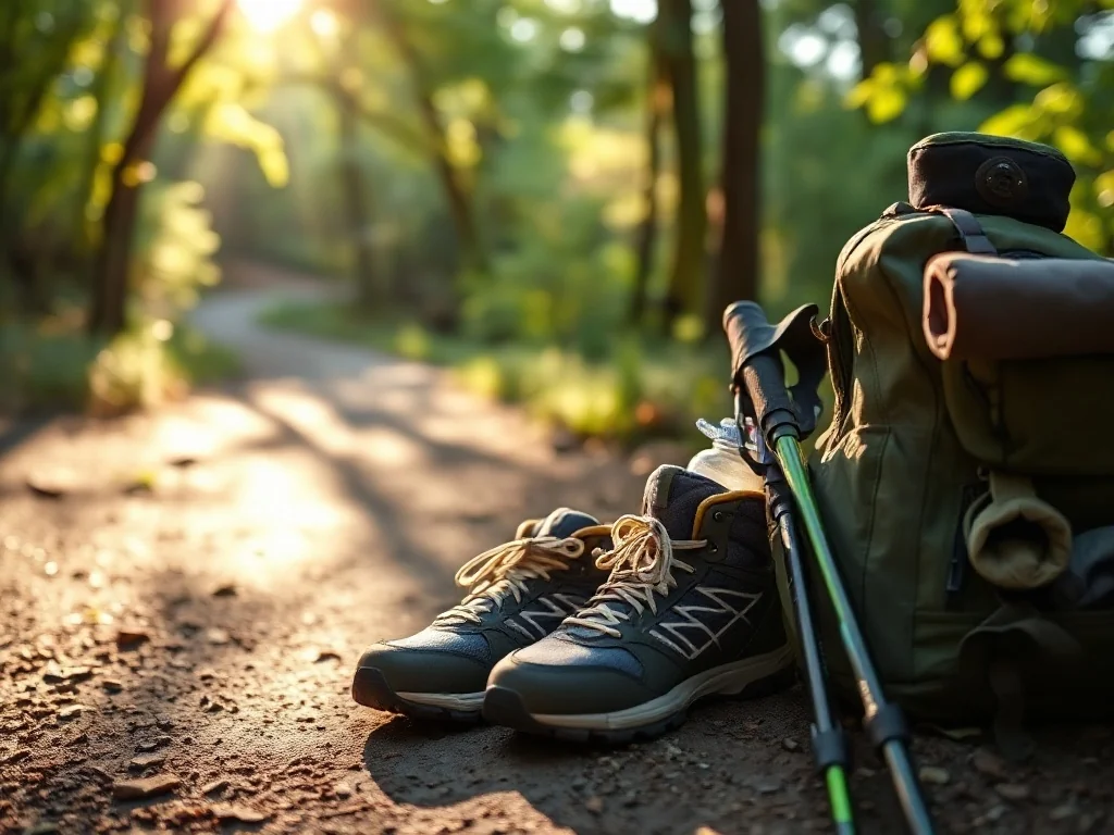 Kijki nordic walking, lekkie buty i plecak z wodą na leśnym szlaku o świcie, zachęcające do wyjścia na trasę.