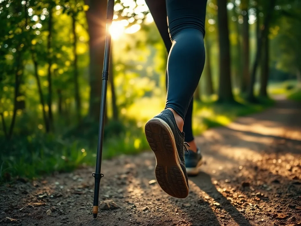 Osoba idąca z kijkami nordic walking po leśnej ścieżce o poranku, pokazanie poprawnej techniki kroku.