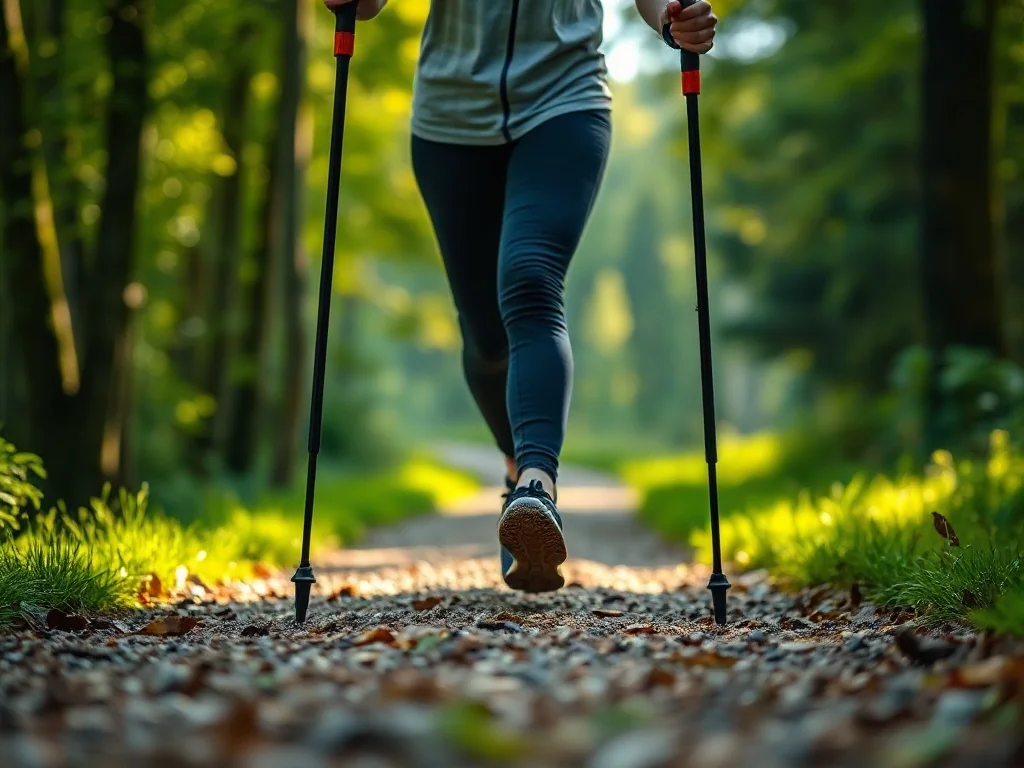 Osoba energicznie maszeruje z kijkami nordic walking leśną ścieżką, podkreślając tempo i dynamikę ruchu.